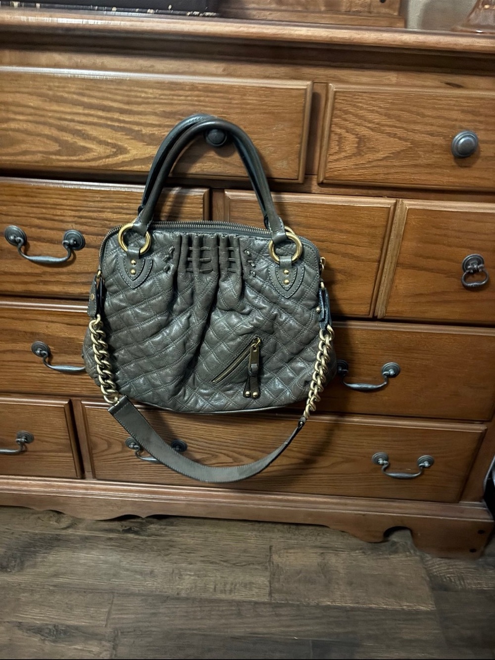 Marc Jacobs Quilted Shoulder Satchel in Olive Green with Gold Hardware